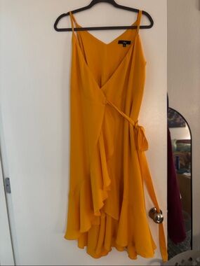 Lulu's Golden Mustard Ruffle Wrap Midi Dress